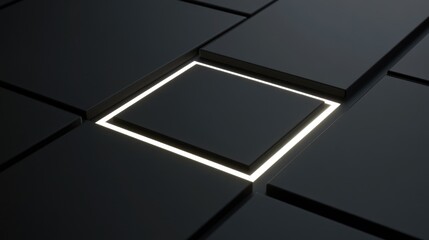 Monochrome Minimalist Abstract 3D Shape over White Illuminated Edge on Smooth Black Surface. Premium Tech Background Design