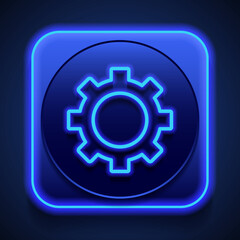 Gear simple icon vector. Flat design. Blue neon style on button. With shadow