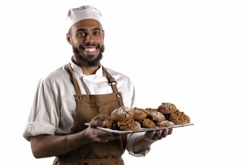 A baker holding a tray of freshly baked cookies, smiling proudly, cut out against a white background.