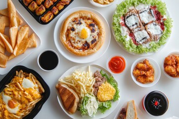 Assorted Fast Food Specialties on Table: Delicious Burgers, Crispy Fries, Succulent Wings, and More