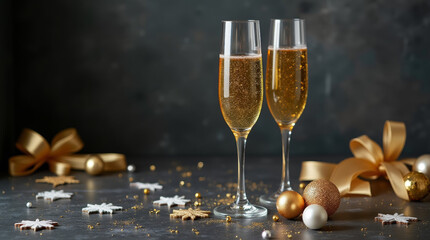 Champagnergläser in festlicher Umgebung mit goldenen und weißen Dekorationselementen für festliche Anlässe
