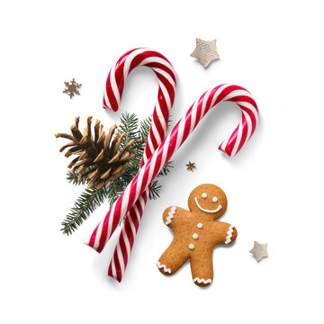 Christmas design element composition with fir tree branches and holiday ornament on transparent.