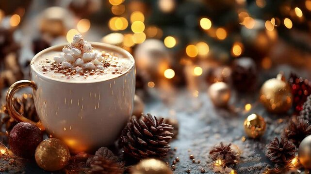 Hot coffee cup with gold Christmas decorations, a tree, and lights blurs the background, hd high quality.