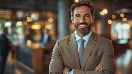 A confident and successful businessman in a tan suit is smiling with his arms crossed in an elegant and modern office setting with warm lighting