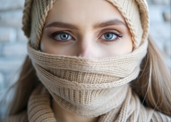 A young woman indoors adjusts her knitted scarf, partially covering her face. Her striking blue eyes capture attention, conveying a sense of warmth and comfort during the winter season. Generative AI