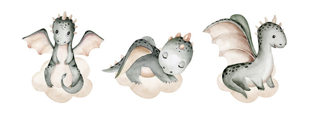 Cartoon 2024 New Year's card Dragon illustration set, happy new year and christmas childish invitation