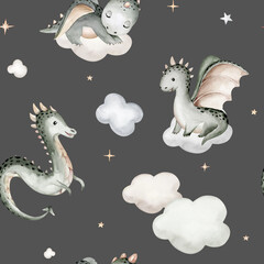 Cartoon cute kids sleeping Dragon seamless pattern, childish background