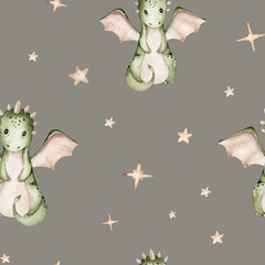 Cartoon 2024 New Year's card Dragon seamless pattern, happy new year and christmas childish background