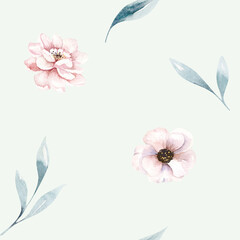 Floral seamless pattern with blossom flowers and green branches, watercolor illustration on white background, print for textile or wallpapers in provence style