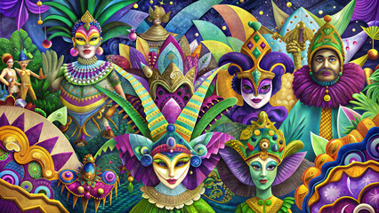 Obraz premium Colorful Mardi Gras characters in elaborate costumes and masks