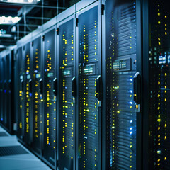 Supercomputer server cabinets technology company, close up man face, Data protection network for...