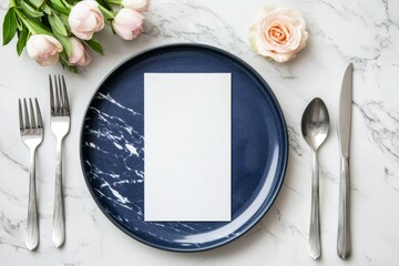 An elegant table setting mockup with flowers, wedding invitations, and a wedding ceremony