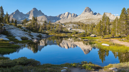 Fototapeta premium Majestic Mountain Peaks Reflecting on Lake Surrounded by Lush Forest and Clear Blue Sky, Nature Photography, Tranquil Scenery Concept