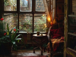 Obraz premium Cozy corner with a cup of tea and plants in a warm, sunlit room during a peaceful afternoon