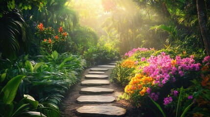 Tranquil Garden Pathway in Lush Greenery