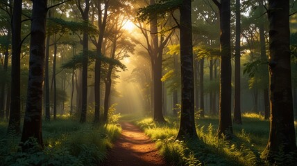 Obraz premium A dirt path winds through a forest, sunlight shining through the trees and creating a magical atmosphere.