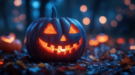 Naklejka premium A glowing jack-o'-lantern carved with a cheerful face is set amidst a background of other pumpkins and autumn leaves, celebrating Halloween in a dimly lit forest