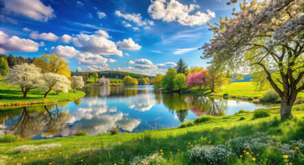 Fototapeta premium Spring landscape with blooming trees around a calm lake, clear blue sky with fluffy clouds, and lush green grass creating a serene atmosphere