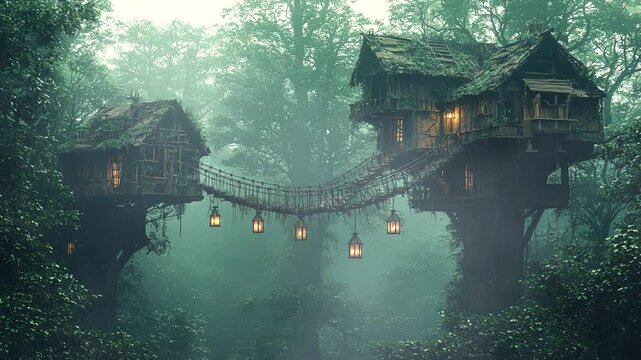 Treehouse connected by a rope bridge in a misty forest. Seamless looping 4K video background