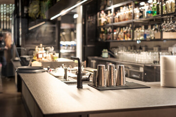 White wine glasses or beers for an aperitif in a night out cocktail bar.