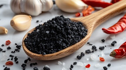 Black lava salt in a wooden spoon, isolated on a marble background with decorative garlic cloves and chili peppers