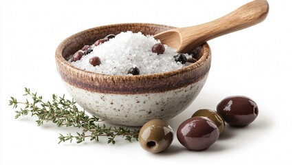 Coarse Celtic sea salt in a ceramic bowl, isolated with decorative olives, thyme leaves, and a wooden spoon