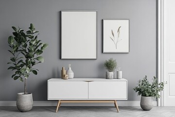 Modern Living Room Interior with Grey Decor and Mockup Frames. Cozy Space for Displaying Art and Decoration