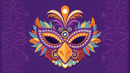 Vibrant bird-themed carnival mask on purple background