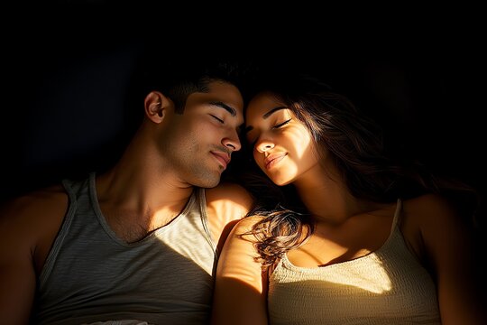 Realistic image of a couple sleeping together, with gentle light casting a warm glow over the room, symbolizing comfort and connection through rest