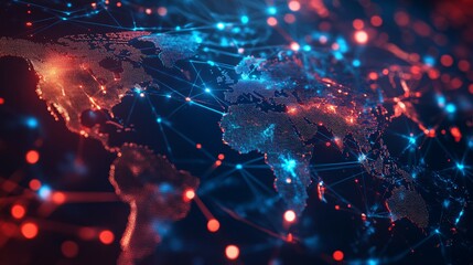 Obraz premium Abstract Digital World Map with Red and Blue Connections