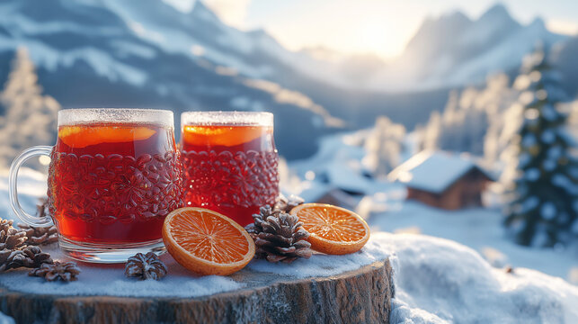 Two mulled wines with oranges and pine cones against a winter landscape