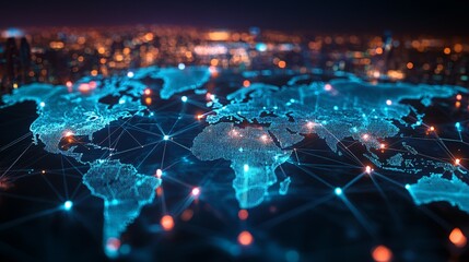 A Digital World Map with Connecting Lines and Glowing Spots