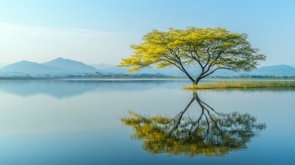 Obraz premium Serene Tree by Calm Water Under Blue Sky