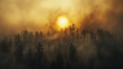 Obraz premium Mystical Sunrise Over Foggy Forest Landscape