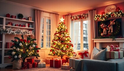 living room decorated with Christmas tree and pastel holiday decor. Festive craft gift boxes and wrapped presents, white-red theme, Christmas celebration concept, banner created with generative ai