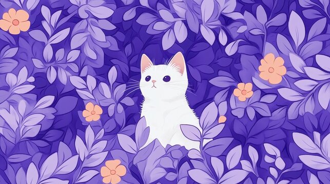 A playful white cat nestled among vibrant purple foliage and pastel flowers in a whimsical illustration