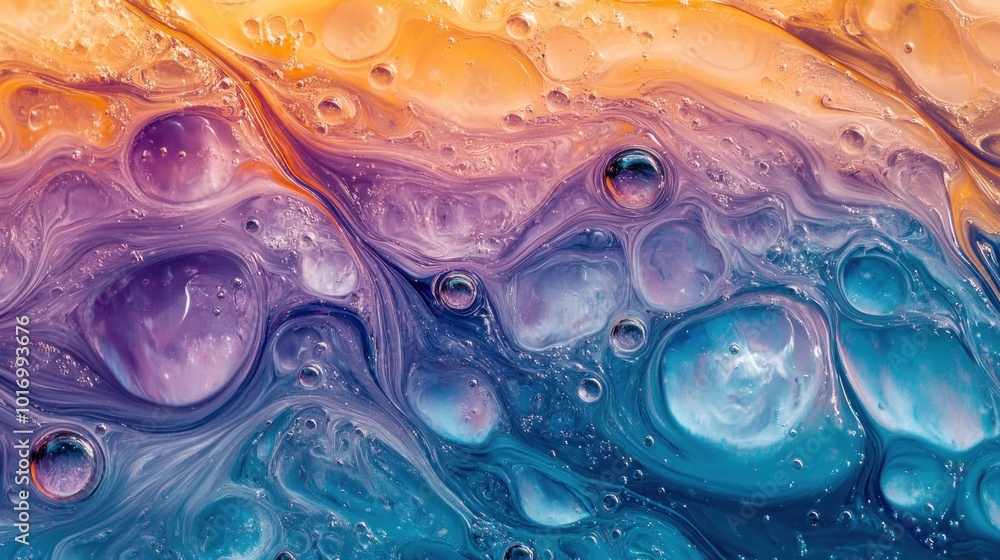 Poster vibrant abstract patterns of swirling colors and bubbles display a mixture of orange, purple, and bl