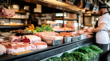 A butcher skillfully arranges an assortment of fresh meats on a counter, surrounded by an array of colorful herbs, creating a vibrant market atmosphere