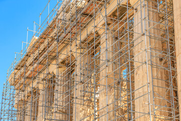 The building is being repaired with scaffolding, Acropolis in Athens