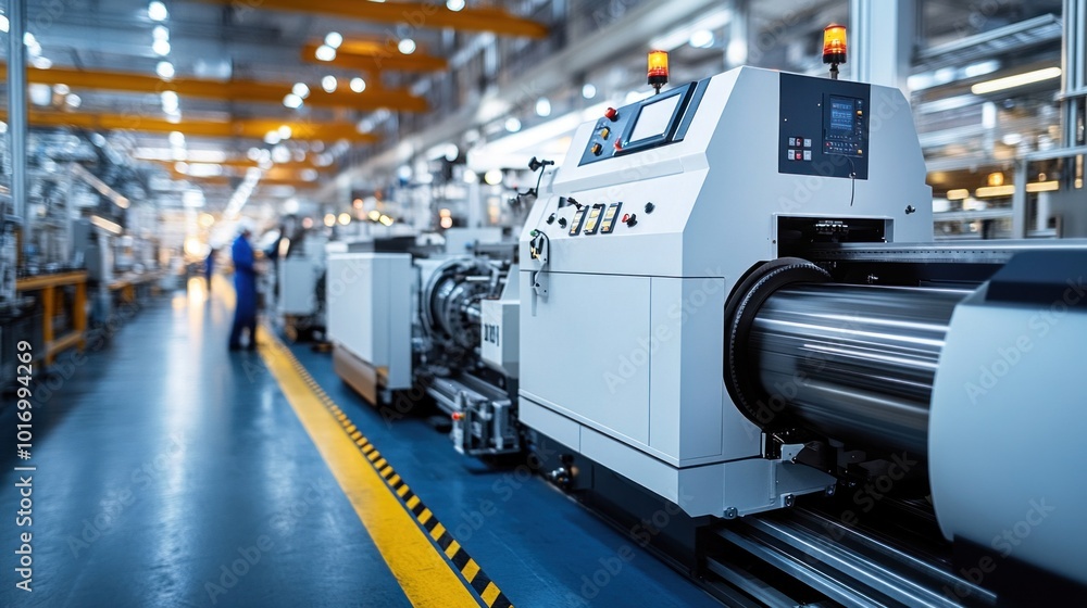 Poster team of workers assembling complex machinery in a factory, illustrating teamwork and precision in in
