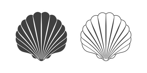 Scallop seashell logo. Isolated silhouette and contour drawing of a scallop on a white background. 