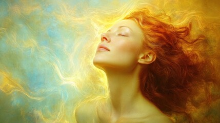 A serene woman with vibrant red hair finds peace in warm golden light, with colorful swirls enhancing her tranquil expression and creating an ethereal atmosphere