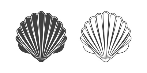 Scallop seashell logo. Isolated silhouette and contour drawing of a scallop on a white background. 