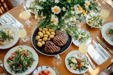 Grilled meat, roast potatoes, and different foods on the dinner table
