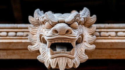 Fototapeta premium A detailed stone dragon head sculpture features fierce expressions, showcasing craftsmanship on traditional architecture during bright daylight, highlighting cultural artistry