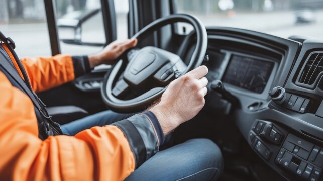 The driver, dressed in a bright orange jacket, focuses on steering the truck carefully through busy city traffic, demonstrating heightened alertness and road awareness