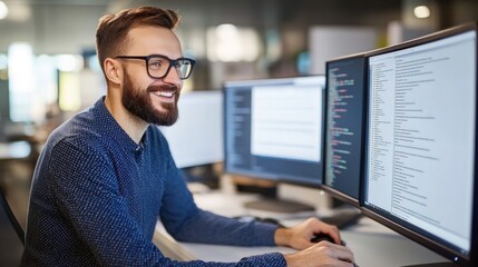 A cheerful young man with glasses sits at a desk, focused on coding tasks on two monitors in a bright, contemporary office space with soft background lighting