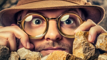 A curious explorer examines rocks at an archaeological dig site, showcasing excitement and intrigue as he uncovers the secrets hidden beneath the surface