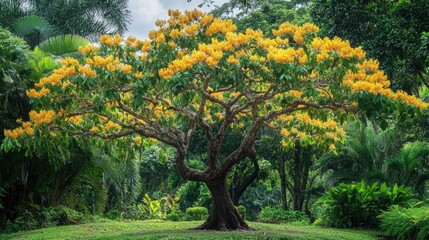Obraz premium Vibrant Yellow-Flowering Tree in Lush Green Environment