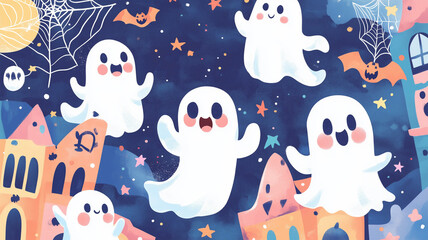 仲良しおばけたちの楽しいハロウィンイラスト
